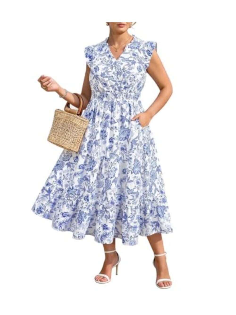 Plus Size Boho Maxi Dress V-Neck Ruffle Sleeve Casual with Pockets US 14-28